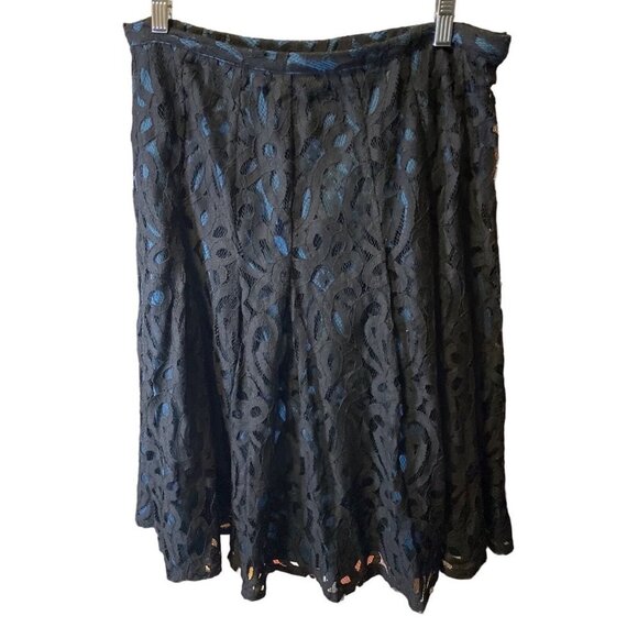 Coldwater Creek Teal Midi Skirt with Black Lace Overlay Skirt Sz 14P - Picture 1 of 9